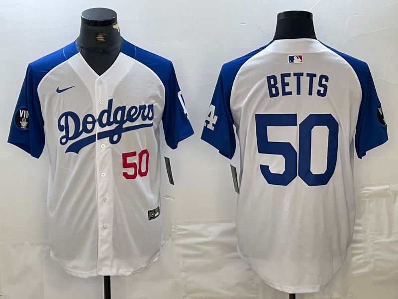 Men Los Angeles Dodgers 50 Betts White blue Fashion Nike Game MLB Jersey style 3